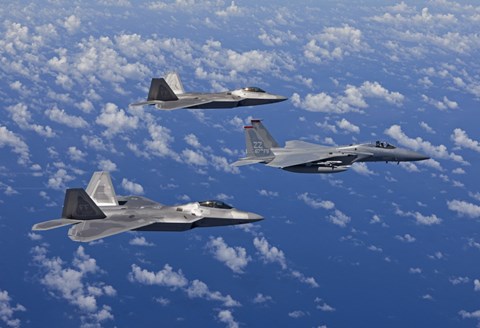 Framed F-15 Eagle and Two F-22 Raptors over Japan Print