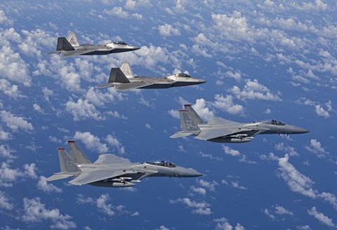 Framed F-15 Eagles and F-22 Raptors Fly in Formation Print