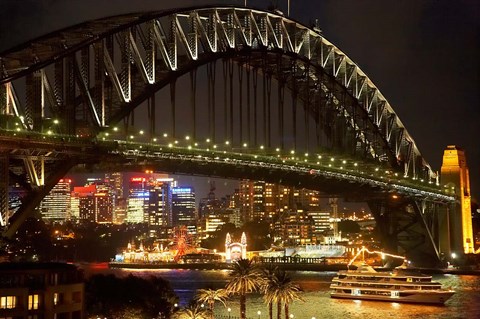 Framed Australia, NSW, Sydney Harbour Bridge, Tour Boat at Night Print