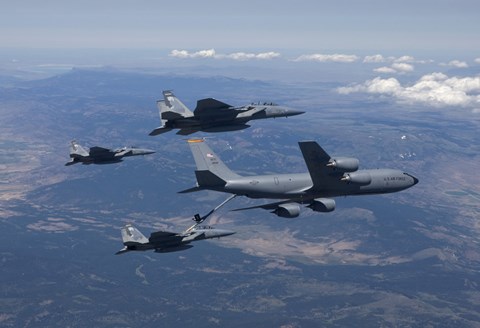 Framed KC-135R Stratotanker RefuelsTthree F-15 Eagles Print