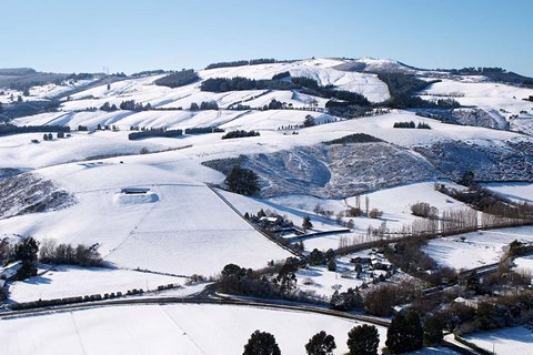 Framed Winter snow near Invermay Research Centre, Taieri Plain, South Island, New Zealand Print
