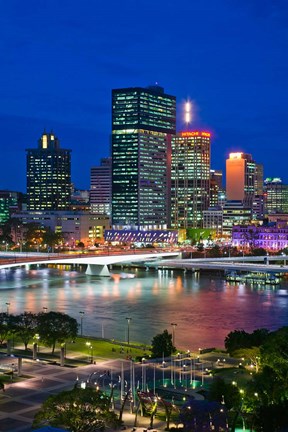 Framed Australia, Queensland, Brisbane, City Skyline  at night Print