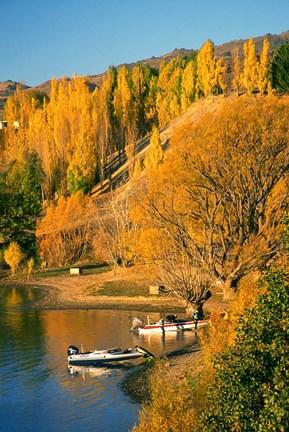 Framed Boats and Autumn Colours, Lake Dunstan, Central Otago, New Zealand Print