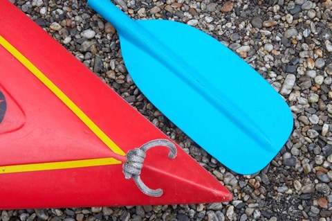 Framed Detail of Red Kayak and Blue Paddle Print