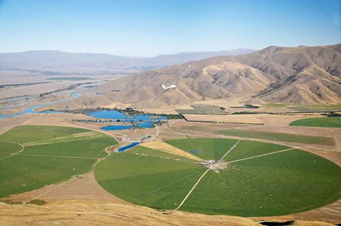 Framed Giant Rotary Irrigation Scheme near Twizel, Mackenzie Country, South Island, New Zealand Print
