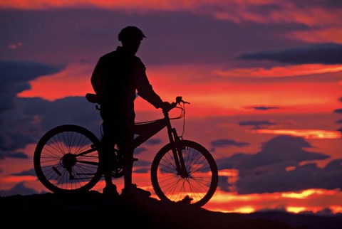 Framed Mountain Biker and Sunset, Dunstan Mountains, Central Otago Print