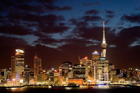 Framed Auckland CBD, Skytower and Waitemata Harbor, North Island, New Zealand Print