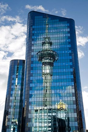 Framed Reflection of Skytower in Office Building, Auckland, North Island, New Zealand Print