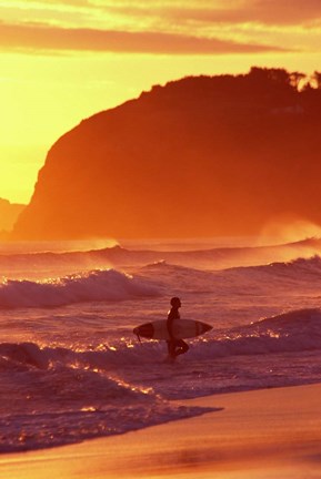 Framed Surfer at Sunset, St Kilda Beach, Dunedin, New Zealand Print