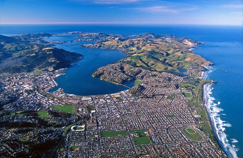 Framed Otago Harbor and Otago Peninsula, Dunedin City, New Zealand Print