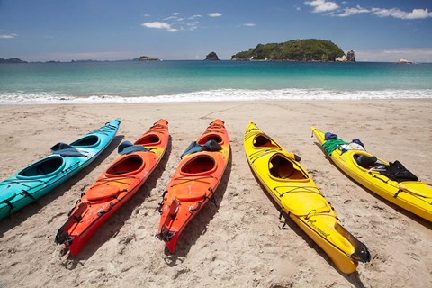 Framed Kayaks on Beach, Hahei, Coromandel Peninsula, North Island, New Zealand Print