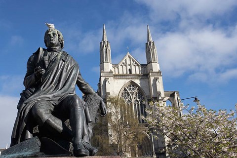 Framed Robert Burns Statue, and St Paul&#39;s Cathedral, Octagon, Dunedin, South Island, New Zealand Print