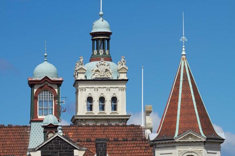 Framed Turrets, Spires &amp; Clock Tower, Historic Railway Station, Dunedin, South Island, New Zealand Print
