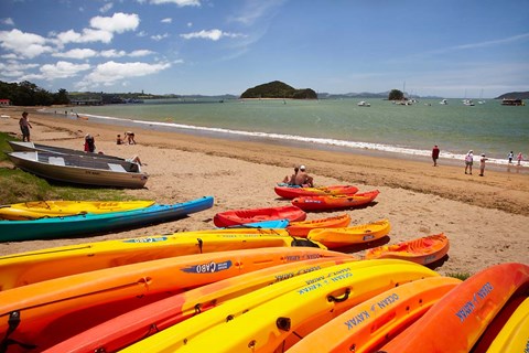 Framed Kayaks on beach, Paihia, Bay of Islands, Northland, North Island, New Zealand Print