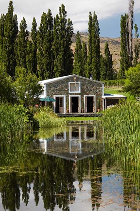 Framed shed and pond, Northburn Vineyard, Central Otago, South Island, New Zealand Print