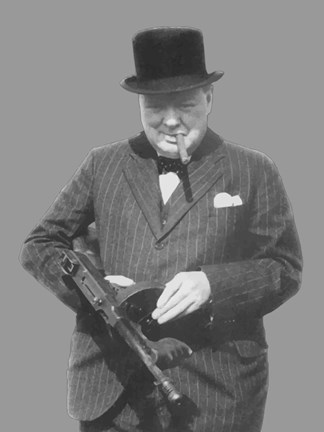 Framed Sir Winston Churchill with a Tommy Gun Print