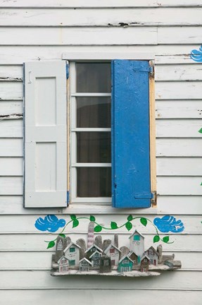 Framed Beach House Blue shutters, Loyalist Cays, Bahamas, Caribbean Print