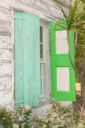 Framed Beach House Green shutters, Loyalist Cays, Bahamas, Caribbean Print