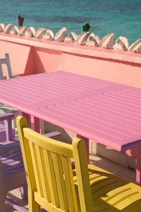Framed Colorful Cafe Chairs at Compass Point Resort, Gambier, Bahamas, Caribbean Print