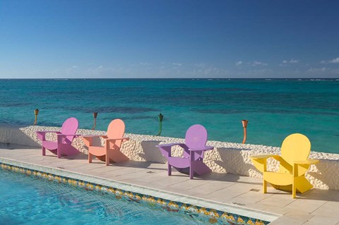 Framed Colorful Pool Chairs at Compass Point Resort, Gambier, Bahamas, Caribbean Print