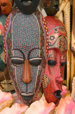 Framed Masks and Conch Shells at Straw Market, Nassau, Bahamas, Caribbean Print