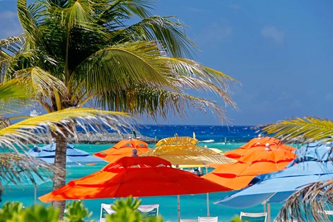 Framed Umbrellas and Shade at Castaway Cay, Bahamas, Caribbean Print