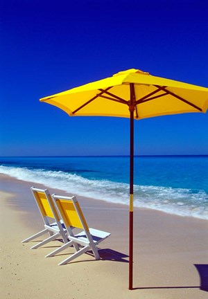 Framed Yellow Chairs and Umbrella on Pristine Beach, Caribbean Print