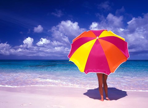 Framed Female Holding a Colorful Beach Umbrella on Harbour Island, Bahamas Print