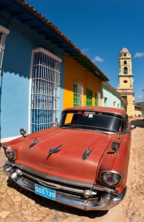 Framed Old Classic Chevy on cobblestone street of Trinidad, Cuba Print