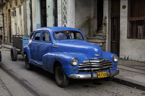 Framed 1950&#39;s era blue car, Havana Cuba Print
