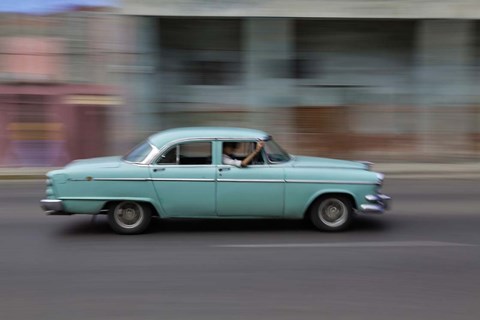 Framed 1950&#39;s era car in motion, Havana, Cuba Print