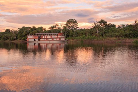 Framed Delfin river boat, Amazon basin, Peru Print
