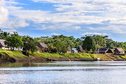 Framed Houses along a riverbank in the Amazon basin, Peru Print