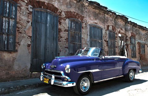 Framed Classic 1953 Chevy against worn stone wall, Cojimar, Havana, Cuba Print