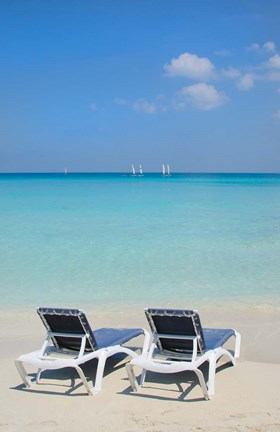 Framed Sand and beach chairs await tourists, Varadero, Cuba Print