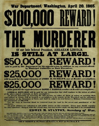 Framed Reward Poster - Murderer of Abraham Lincoln Print