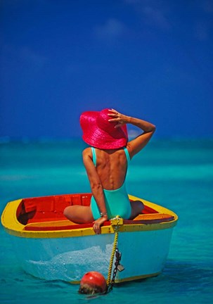 Framed Woman in Boat with Pink Straw Hat, Caribbean Print