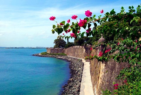 Framed Waterfront Walkway, Fort San Felipe del Morro, San Juan, Puerto Rico, Print