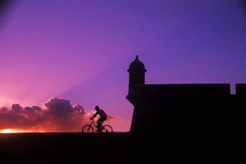 Framed Sunset Bike Ride at El Morro Fort, Old San Juan, Puerto Rico Print