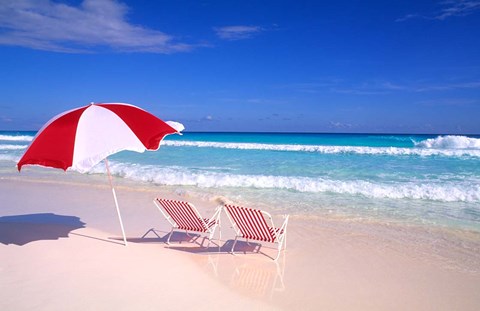 Framed Beach Umbrella and Chairs, Caribbean Print