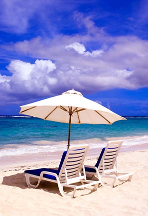 Framed Umbrellas On Dawn Beach, St Maarten, Caribbean Print
