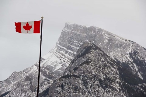Framed Canada, Alberta, Banff Mountain view with flag Print