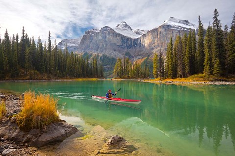 Framed Kayaker on Maligne Lake, Jasper National Park, Alberta, Canada Print