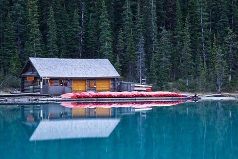 Framed Canoe rental house on Lake Louise, Banff National Park, Alberta, Canada Print