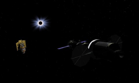 Framed Orion class Crew Exploration Vehicle paired with a Soyuz TMA spacecraft Print