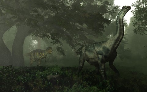 Framed Antarctosaurus stalked by Abelisaurus in a prehistoric landscape Print