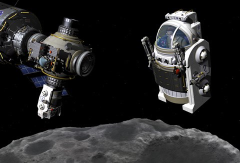 Framed Manned Maneuvering Vehicle prepares to descend to the surface of a small asteroid Print
