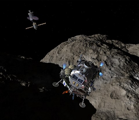 Framed manned Asteroid Lander descends toward the surface of an ancient asteroid Print