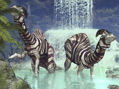 Framed pair of Parasaurolophus feed on flora near a waterfall Print