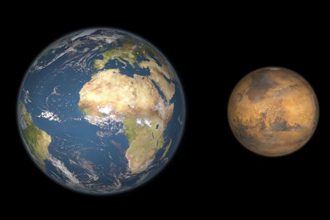 Framed Artist&#39;s Concept Comparing the Size of Mars with that of the Earth Print